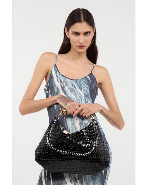 Roberto Cavalli Black Crocodile-Print Hobo Bag