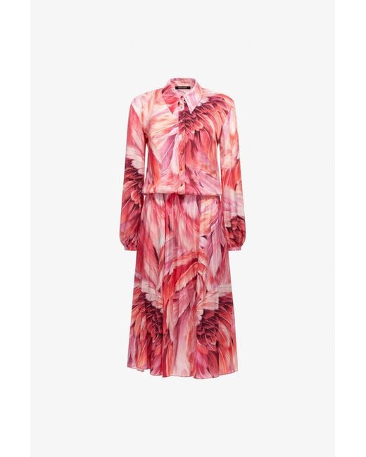 Roberto Cavalli Red Long Dress Plumage Print