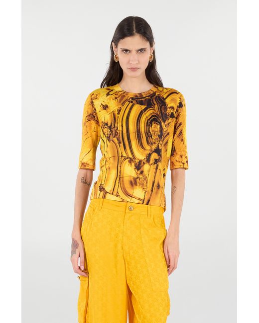 Roberto Cavalli Yellow Silk And Wool Sweater With Tigereye Print