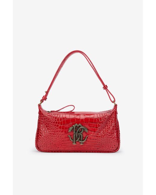Roberto Cavalli Red Croc-Embossed Shoulder Bag With Mirror Snake