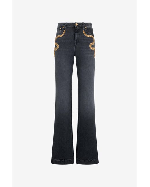 Roberto Cavalli Blue Flared Jeans With Snake Embroidery