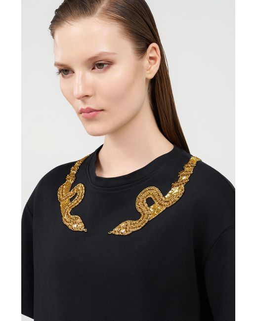 Roberto Cavalli Black T-Shirt With Snake Embroidery