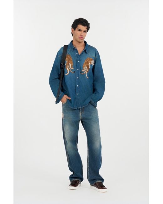 Roberto Cavalli Blue Denim Shirt With Tiger Embroidery for men