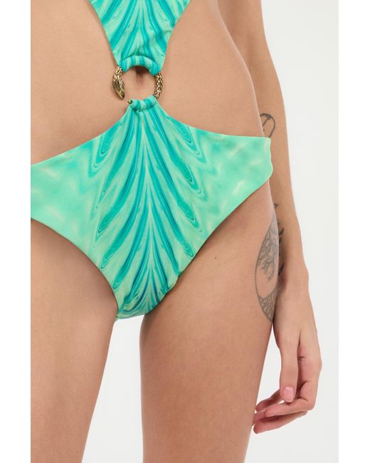 Roberto Cavalli Green Trikini With Optical Glass Print And Snake Ring