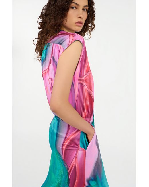 Roberto Cavalli Blue Long Dress Chemisier With Marbled Print