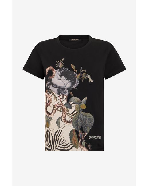 Roberto Cavalli Black Jewellery Foulard Print T-Shirt