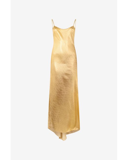 Roberto Cavalli Metallic Golden Silk Maxi Dress With Scale Print