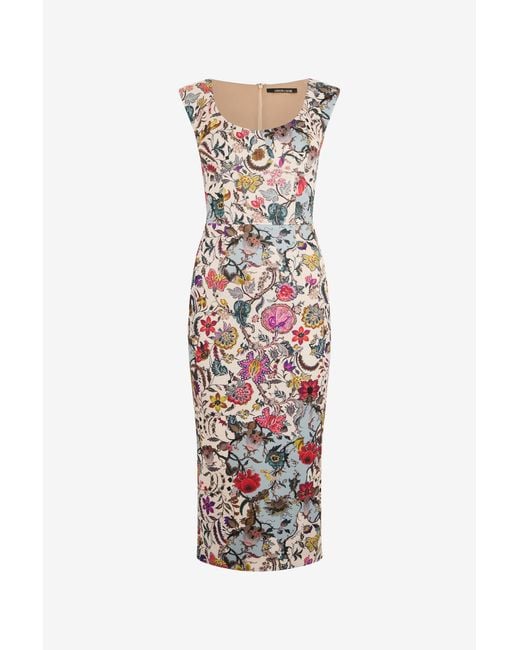Roberto Cavalli White Sheath Dress With Florentine Flowers Print
