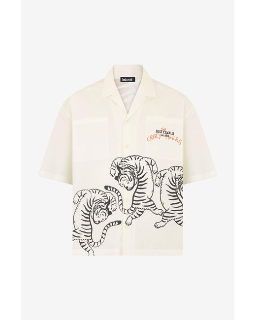 Roberto Cavalli White Ivory Shirt With Tigers And Logo for men