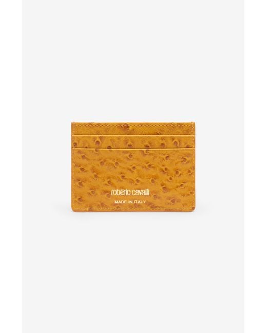 Roberto Cavalli Orange Ostrich-Effect Flat Card Holder