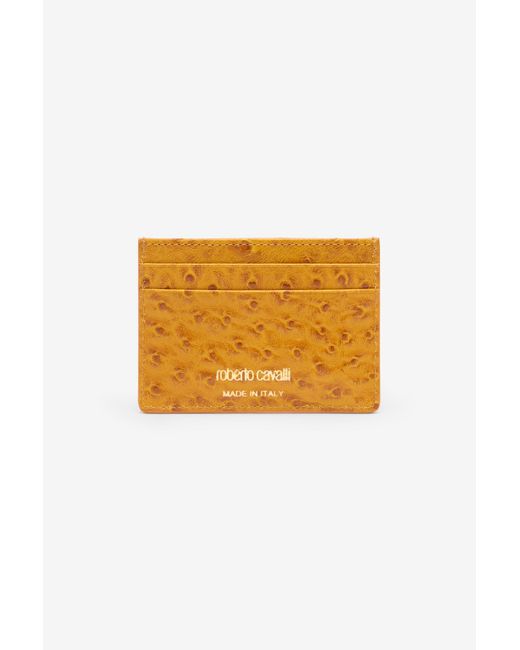 Roberto Cavalli Orange Ostrich-Effect Flat Card Holder