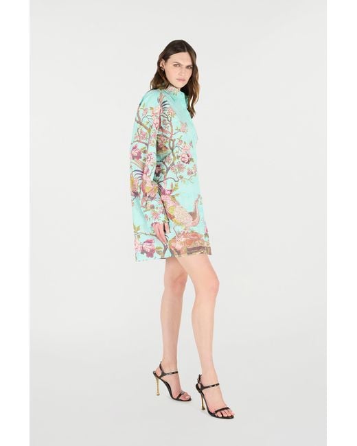 Roberto Cavalli Blue Shirt Dress With Oriental Bird Print