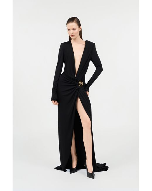 Roberto Cavalli Black Draped Long Dress With Snake Detail