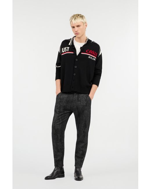 Roberto Cavalli Black Knit Cardigan With Polo Collar And Logo for men