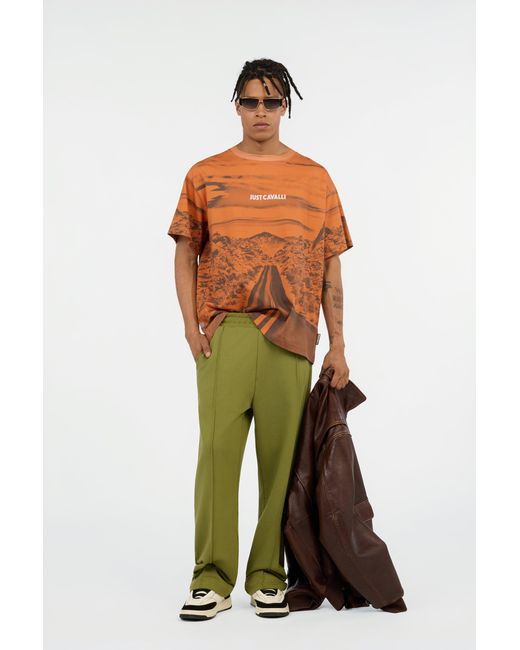 Roberto Cavalli Orange Long Way Print T-Shirt for men