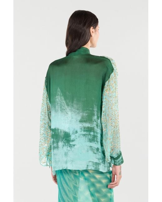 Roberto Cavalli Green Silk-Blend Blouse With Radiant Pattern