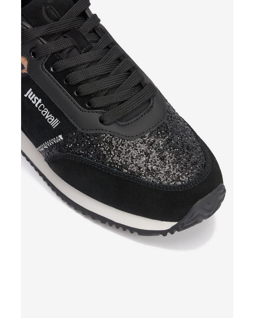 Roberto Cavalli Black Schwarze Sneaker Mit Jaguar Skin-Einsatz Und Glitzer
