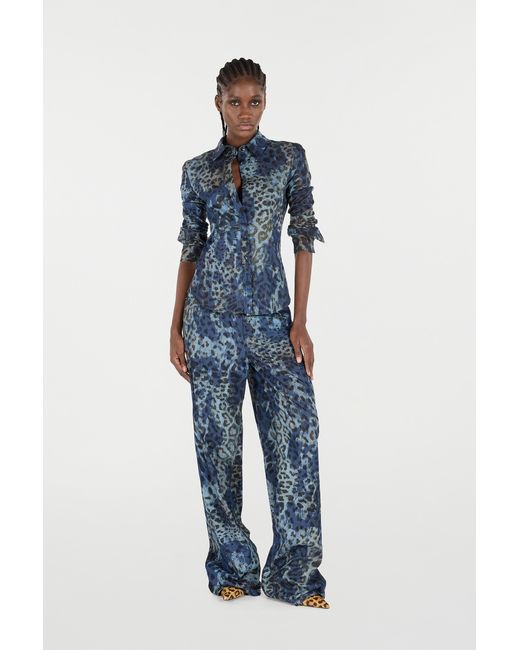 Roberto Cavalli Blue Cotton Shirt With Jaguar Skin Print