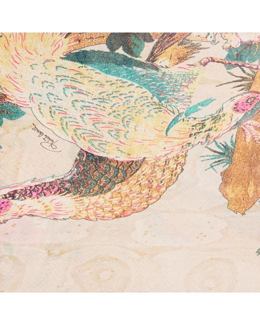 Roberto Cavalli Natural Extra-Long Silk Dress With Oriental Bird Print