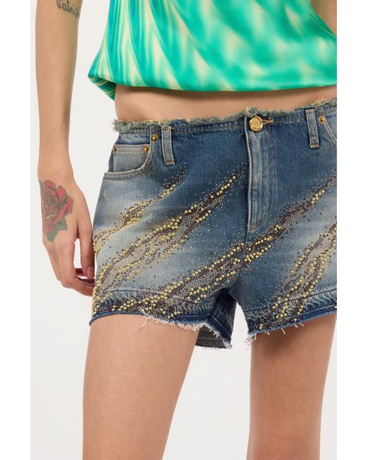 Roberto Cavalli Blue Shorts With Studded And Rhinestone-Detailed Zebra Pattern
