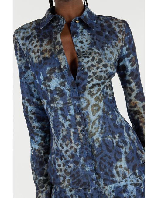 Roberto Cavalli Blue Cotton Shirt With Jaguar Skin Print