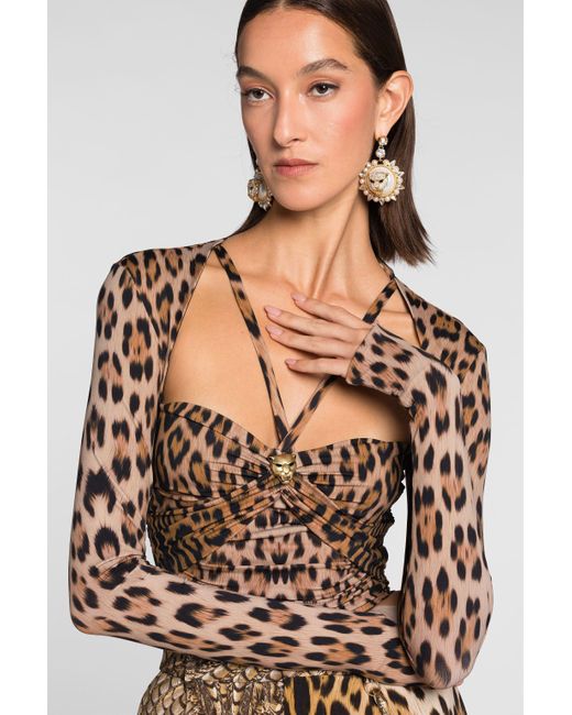 Roberto Cavalli Black Jaguar Print Long-Sleeve Top