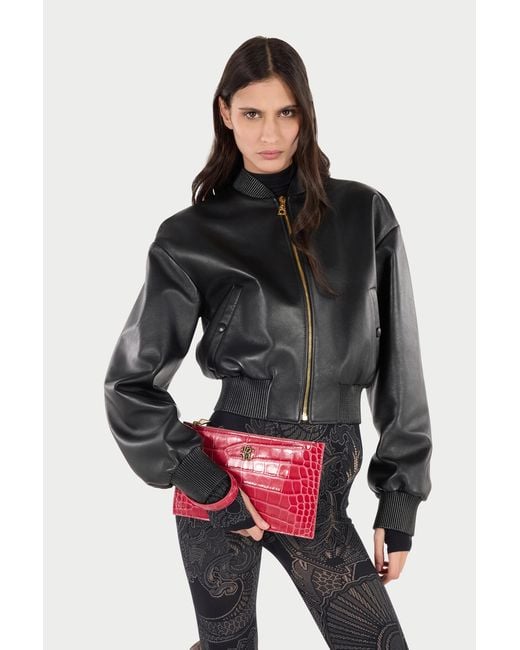 Roberto Cavalli Red Crocodile-Effect Flat Clutch