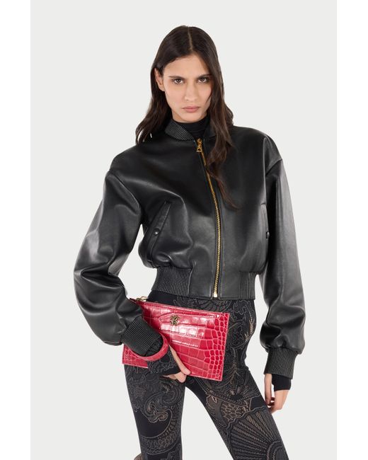 Roberto Cavalli Red Crocodile-Effect Flat Clutch