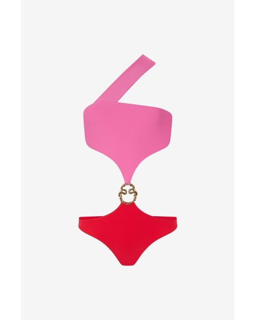 Roberto Cavalli Pink Asymmetrical One-Piece Swimsuit With Jewel Detail