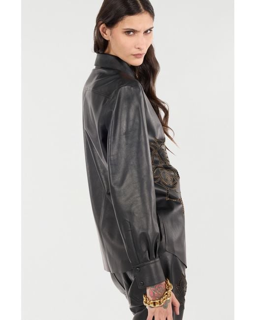 Roberto Cavalli Black Leather Shirt With Perforated Roses