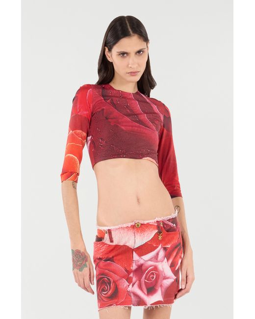Roberto Cavalli Red Rose-Print Crop Top