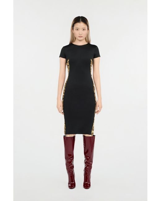 Roberto Cavalli Black Midi Dress With Leopard Print Panels