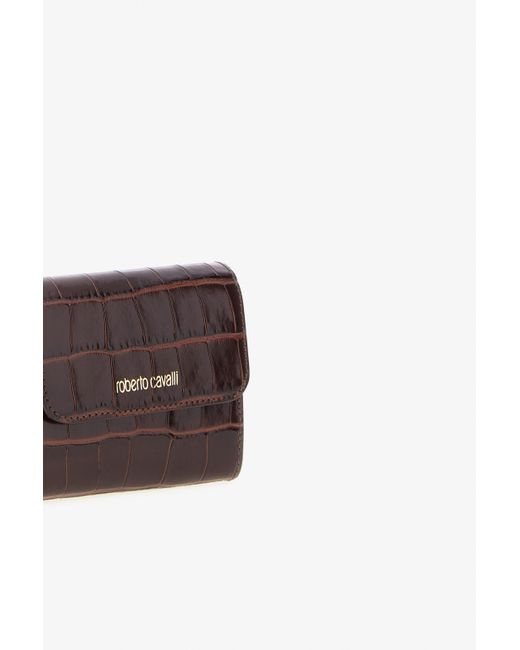 Roberto Cavalli Brown Croc-Effect Leather Card Case