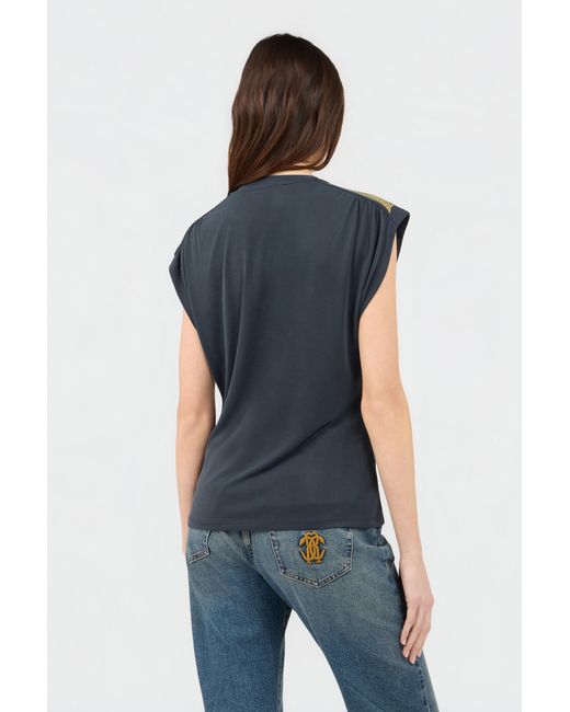Roberto Cavalli Blue Anthracite T-Shirt With Studded Shoulders