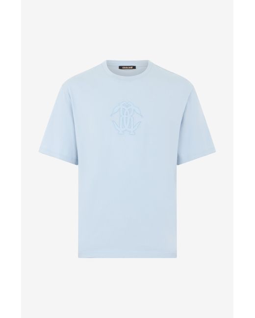 Roberto Cavalli Blue Light T-Shirt With Embroidered Logo for men