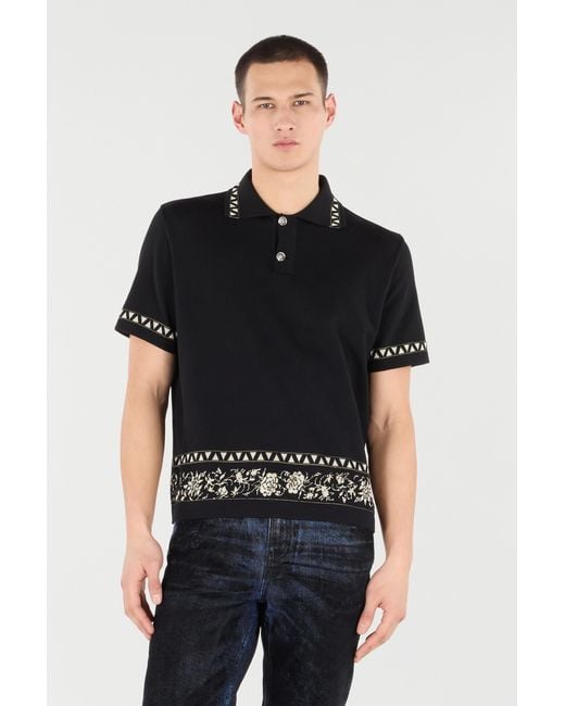 Roberto Cavalli Black Knitted Polo Shirt With Jacquard Pattern for men