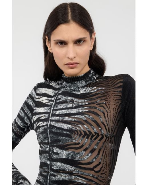 Roberto Cavalli Black Long See-Through Dress With Zebra Pattern