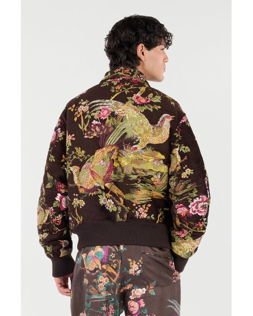 Roberto Cavalli Brown Bomber Jacket With Oriental Bird Print for men