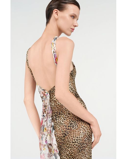Roberto Cavalli White Long Chiffon Dress With Florentine Flowers Print