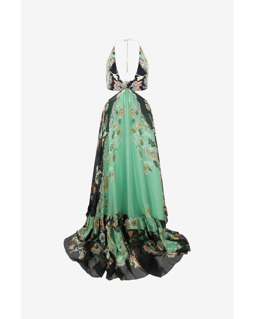 Roberto Cavalli Green Kimono Print Silk Maxi Dress