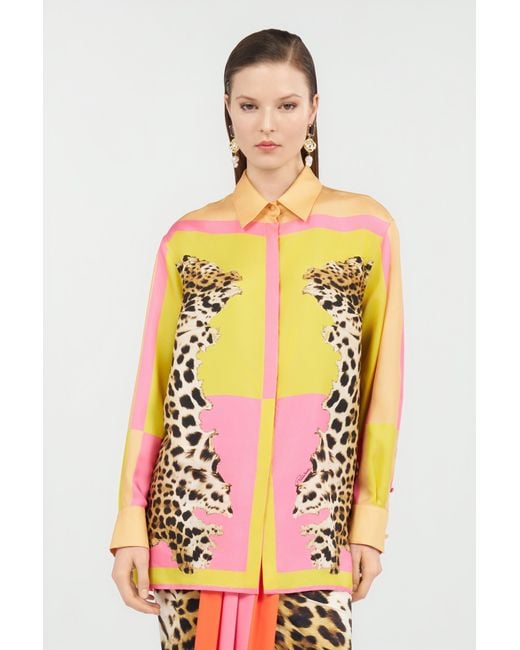 Roberto Cavalli Pink Silk Shirt With Cavalli Pop Print