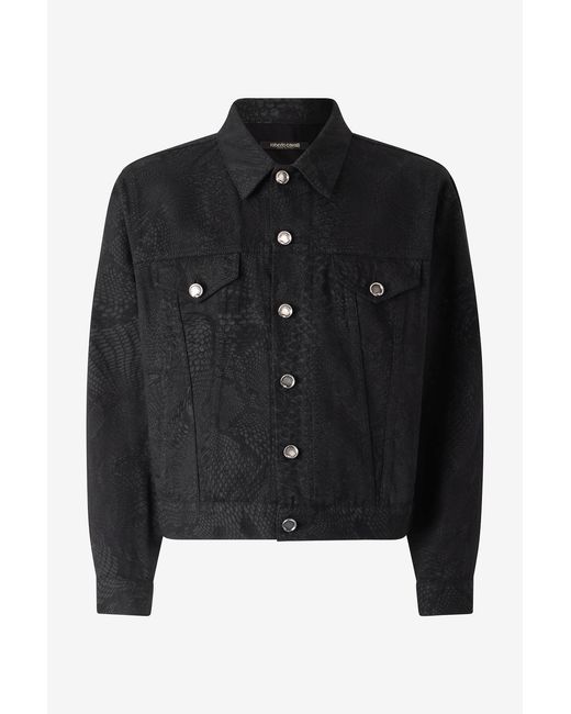 Roberto Cavalli Black Python-Print Denim Jacket for men