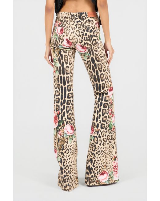 Roberto Cavalli Natural Jaguar Roses Print Flared Jeans