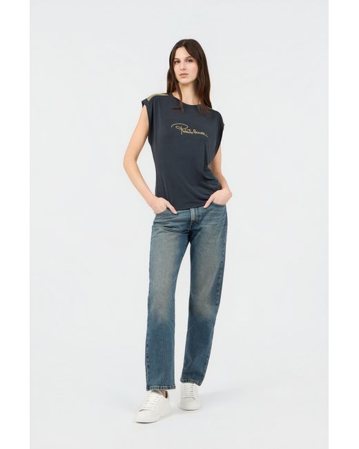 Roberto Cavalli Blue Anthracite T-Shirt With Studded Shoulders