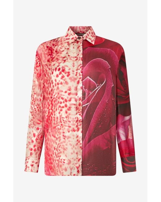 Roberto Cavalli Red Shirt With Jaguar Skin And Rose Print
