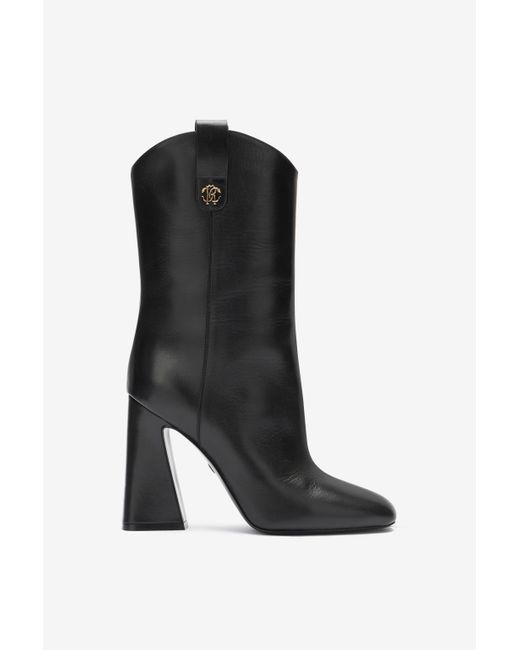 Roberto Cavalli Black Ankle Boots With Monogram Mirror Snake