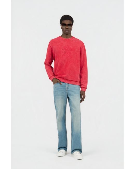 Roberto Cavalli Red Stone-Washed Sweatshirt With Monogram Rc for men