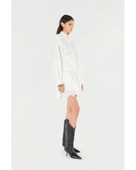 Roberto Cavalli White Mini Shirt Dress With Perforated Roses