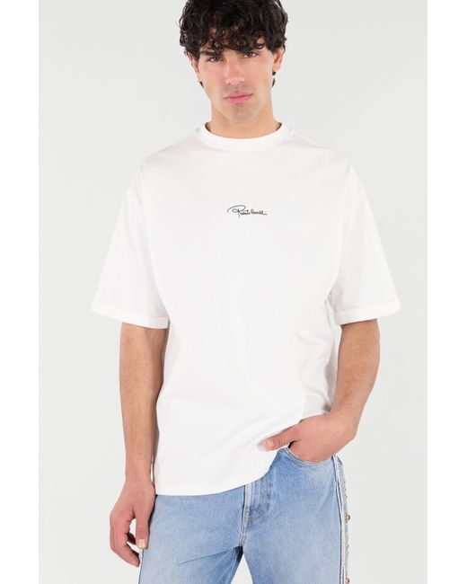 Roberto Cavalli White Cotton T-Shirt With Embroidered Logo for men