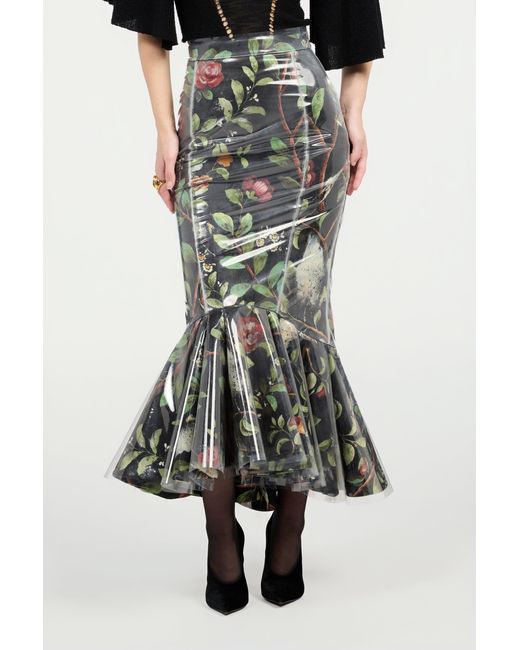 Roberto Cavalli Black Mermaid Skirt With Shrub And Flower Print